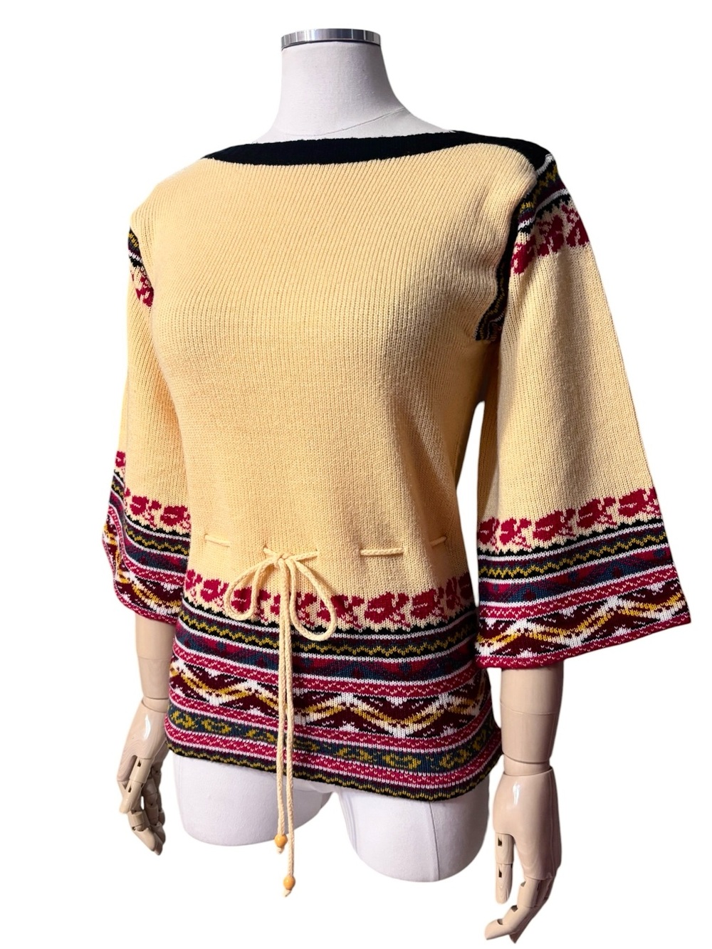 COLLAGE Yellow Boatneck Sweater Bell Sleeves Geometric & Floral Trim VINTAGE